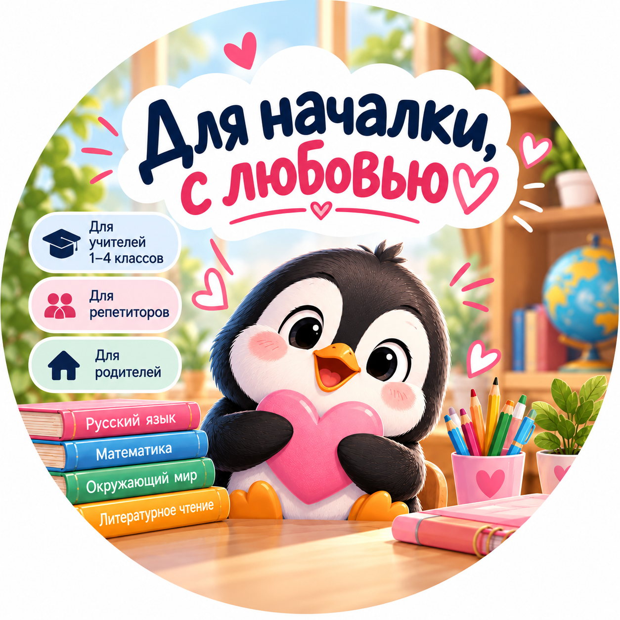 Для началки, с любовью — материалы для учителей 1–4 классов, репетиторов и родителей. Пингвин с сердцем в уютном классе.